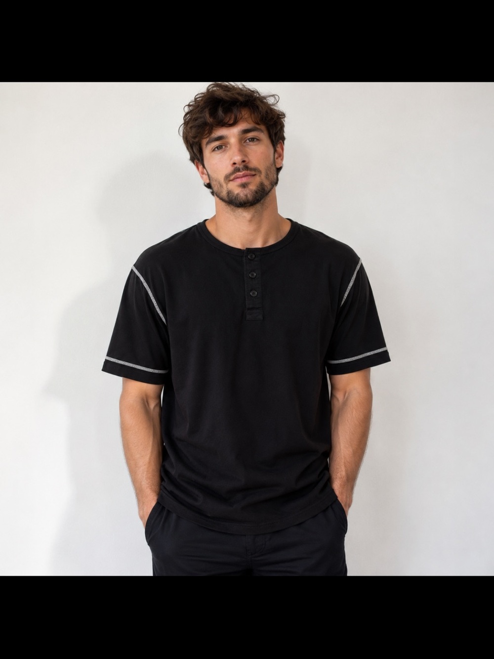Men's Black Henley Shirt with Contrast Stitching Size XL